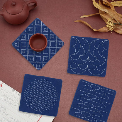 WEBEEDY 4 Sets Sashiko Starter Coaster Kit for Beginners, Japanese DIY Tea Mat Sewing Kit with Sashiko PET Templates, Needles, Thread for Table Cup Mat Embroidery Christmas Craft Decor Gift