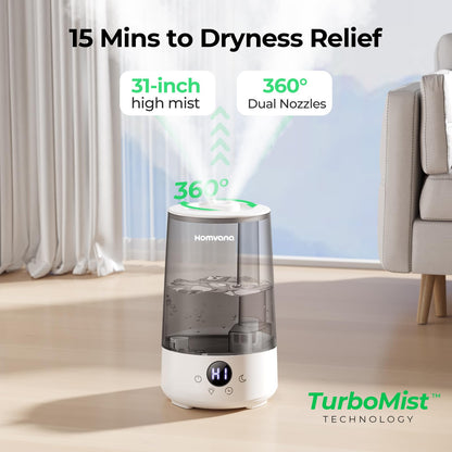 Homvana Humidifiers for Bedroom Home, 3.6 L Cool Mist Top-Fill 34H Super Long Time, Quiet 23dB, Baby Humidifier, Oil Diffuser for Large Room, House, Plant, Nursery, Office, BPA FREE, Ultrasonic (Grey)