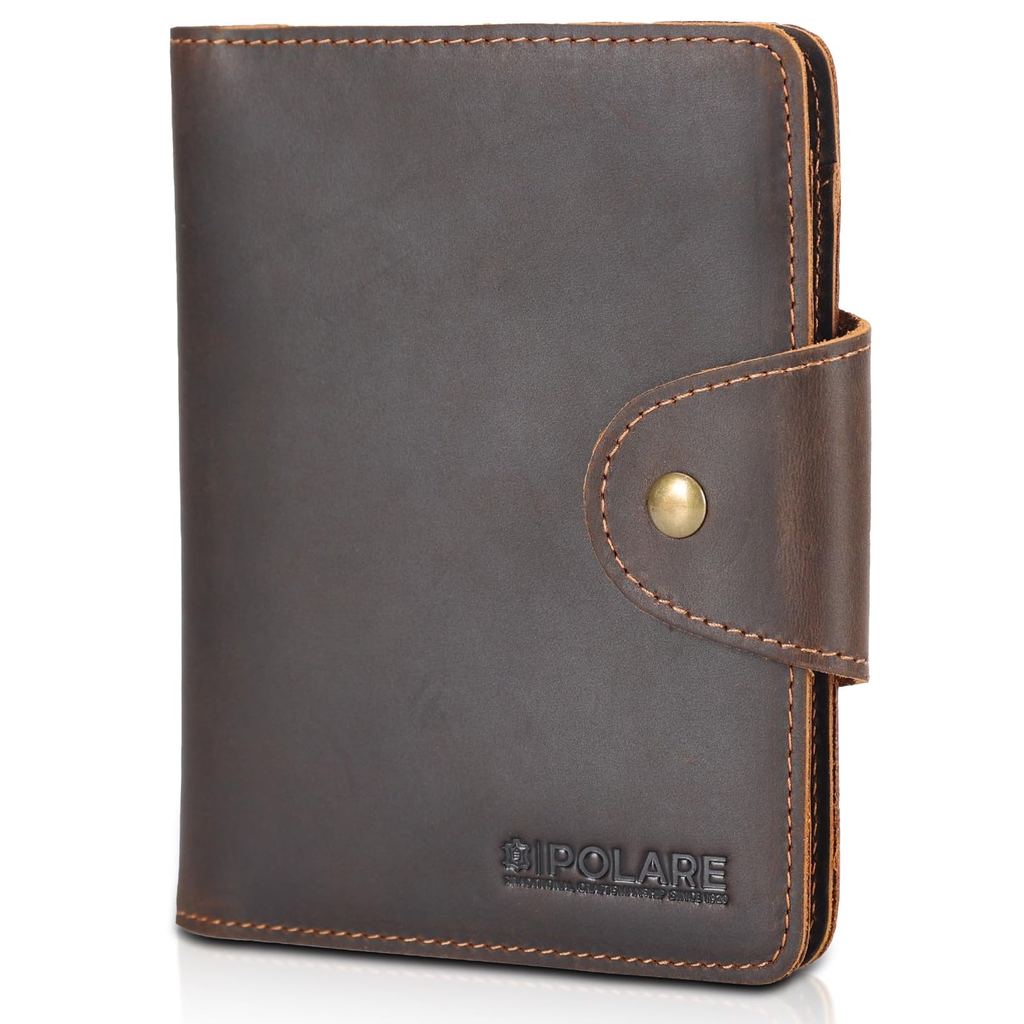 Polare Full Grain Leather Slim and Soft RFID Blocking wallet For Men Snap Bifold Travel Wallet Passport Holders 2 Passports (Dark Brown)