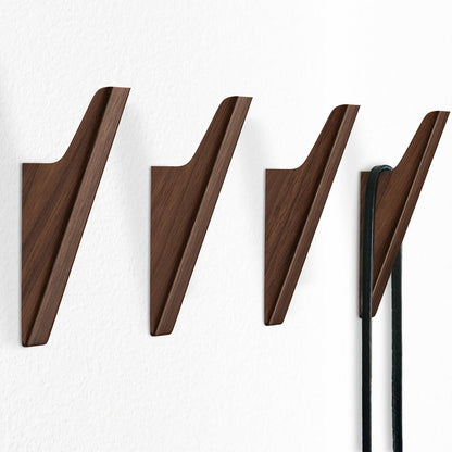 FCOWK Walnut Wood Wall Hooks - 4 Pack, Heavy Duty Coat Hooks Wall Mount for Entryway, Bathroom & Bedroom. Minimalist Wooden Wall Hooks for Hanging Coat, Hat, Bag, Towel, Backpack (Dark Walnut)