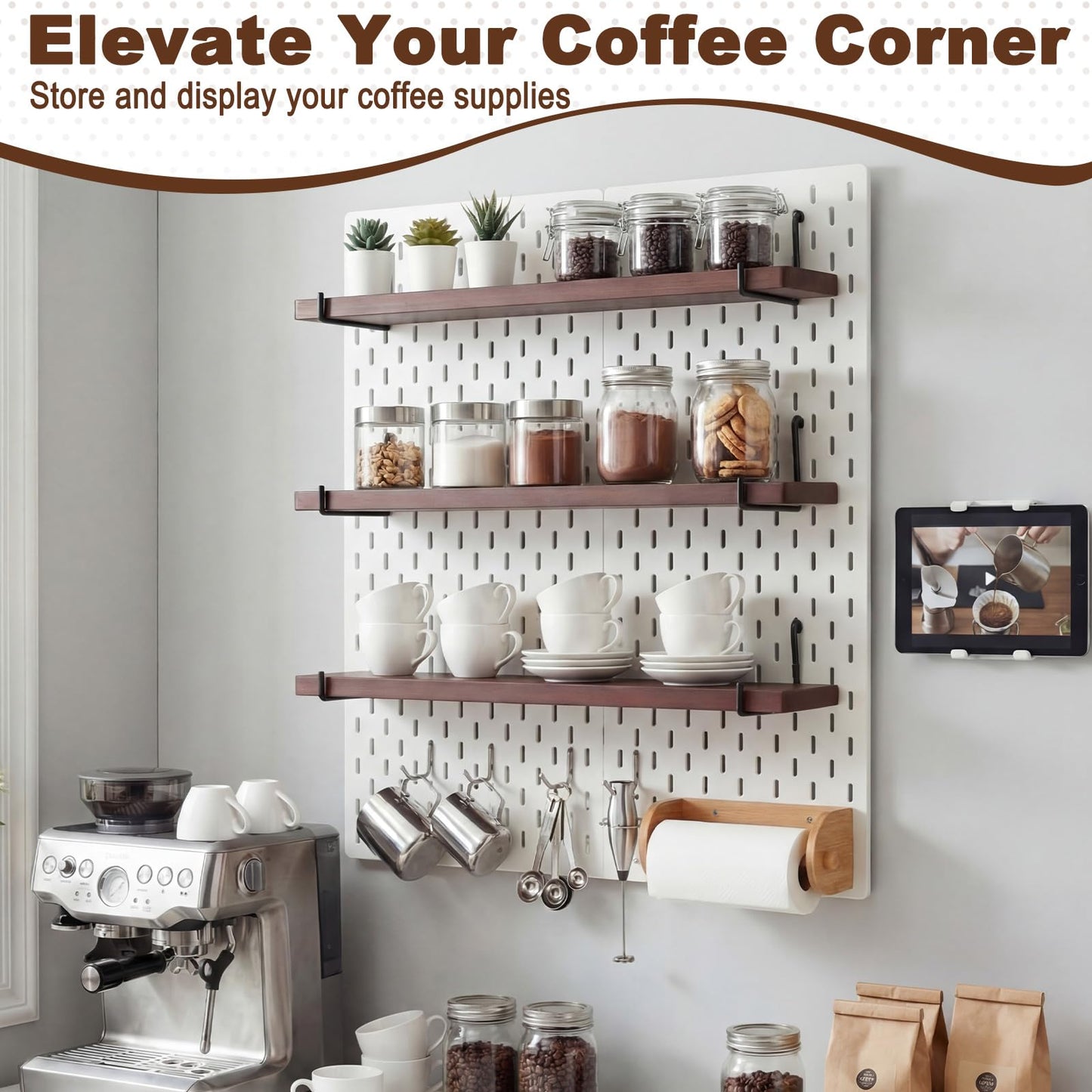 Novabright 6 Pcs Walnut Color Pegboard Shelves Set with Metal Brackets Hooks 11.8 x 4'' Wall Wooden Pegboard Shelving Heavy Duty Accessories for Crafts Office Garage, Compatible with IKEA Skadis