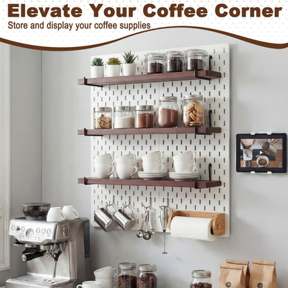 Novabright 6 Pcs Walnut Color Pegboard Shelves Set with Metal Brackets Hooks 11.8 x 4'' Wall Wooden Pegboard Shelving Heavy Duty Accessories for Crafts Office Garage, Compatible with IKEA Skadis