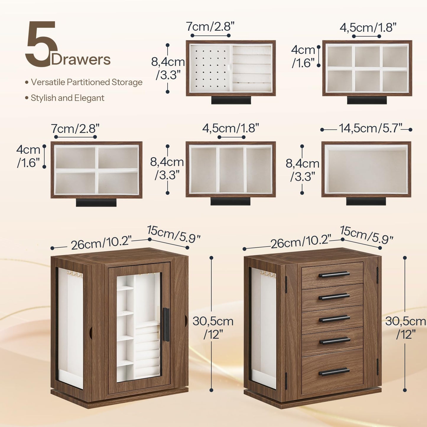 HOOBRO Jewelry Box for Women, Jewelry Organizer Box, 6-Tier Wooden Jewelry Box and 360° Rotating Jewelry Box, Wooden Jewelry Organizer Bundle, BH12JB04-BH30JB04