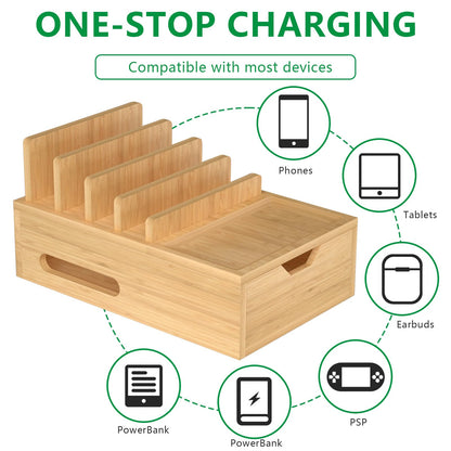 Bamboo Charging Station for Multiple Devices, Desk Charging Organizer with Drawer & Tray, Wood Docking Station Included 6 Cables, Compatible with iPhone Devices, Cell Phone, Tablet (No USB Charger)