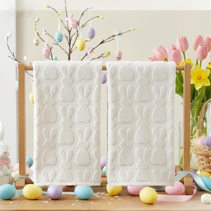 Artoid Mode 2 Pcs Beige 3D Rabbit Jacquard Easter Hand Towels