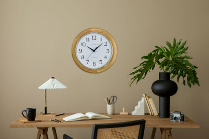 Bulova C5005 Wooden Atomic Analog Wall Clock | Automatically Sets Time | Large Roman Numerals | Battery Operated | Traditional Design