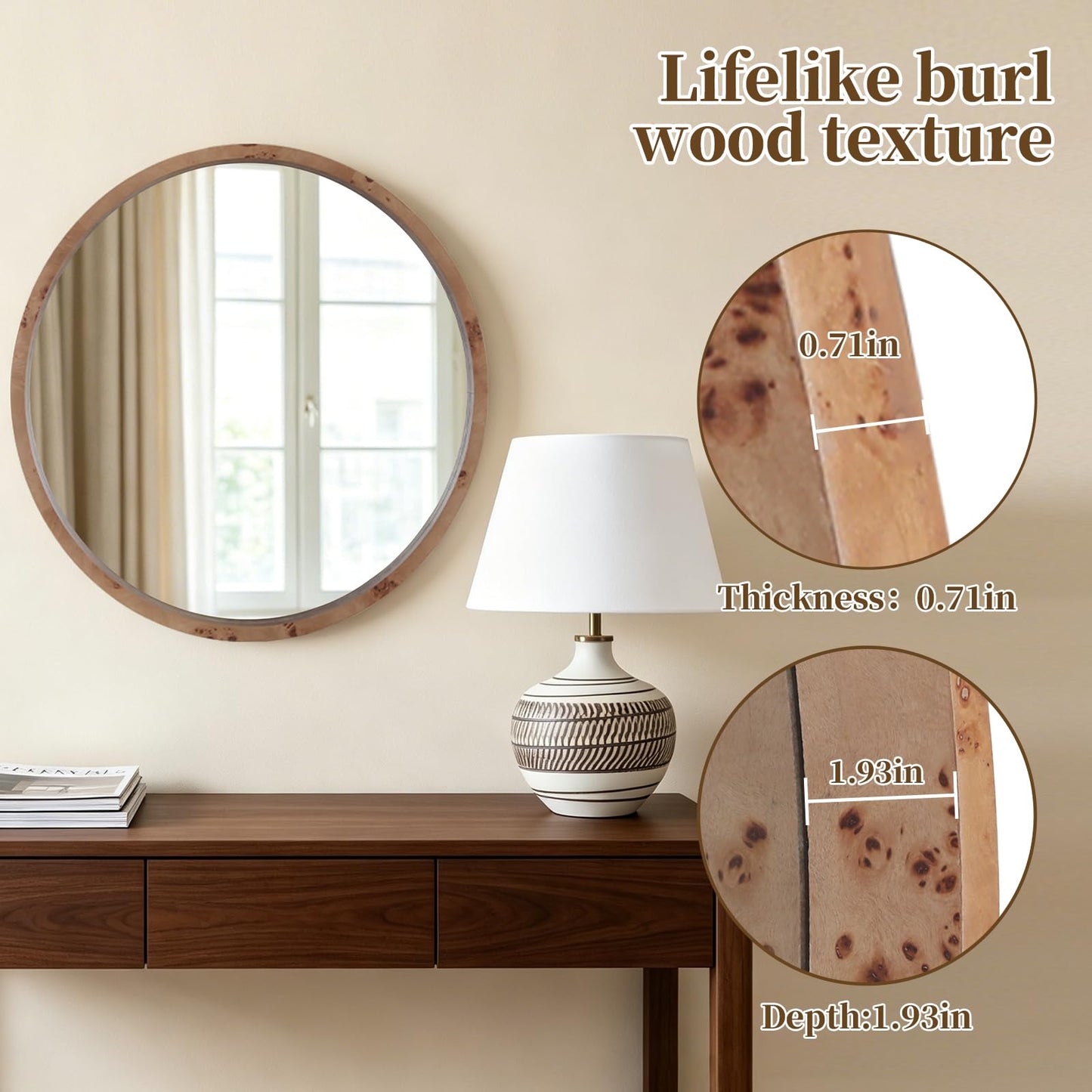 WallBeyond 24 Inch Round Wood Mirror, Farmhouse Circle Wooden Frame Wall Mounted Mirror for Bathroom Vanity, Living Room, Bedroom, Entryway, Natural