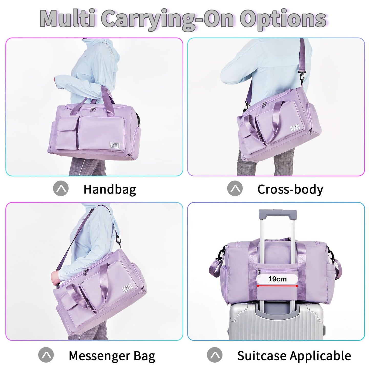 FIORETTO Women's Gym Duffle Bag with Shoes Compartment, 37L Capacity, Ideal for Travel, Gym, Sports, Duffel, Weekender, Lavender