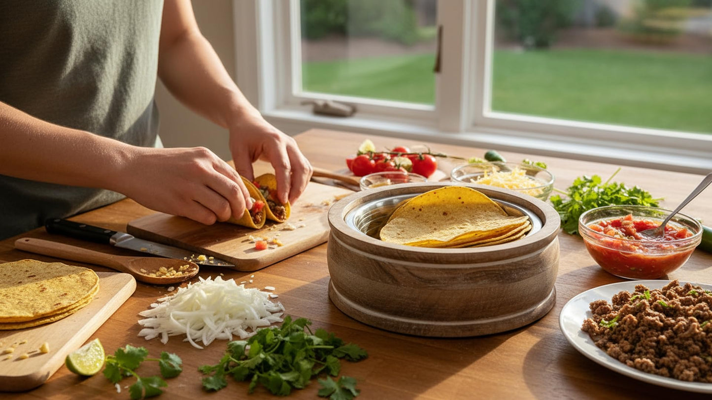 Handcrafted Wooden Mexican Tortilla Warmer Basket Indian Chapati Roti Bread Holder Box Pancake Keeper Serveware Hot Pot Casserole Dish With Lid Home Kitchen Dining Decor, Natural Brown, 9 x 3.5 Inches
