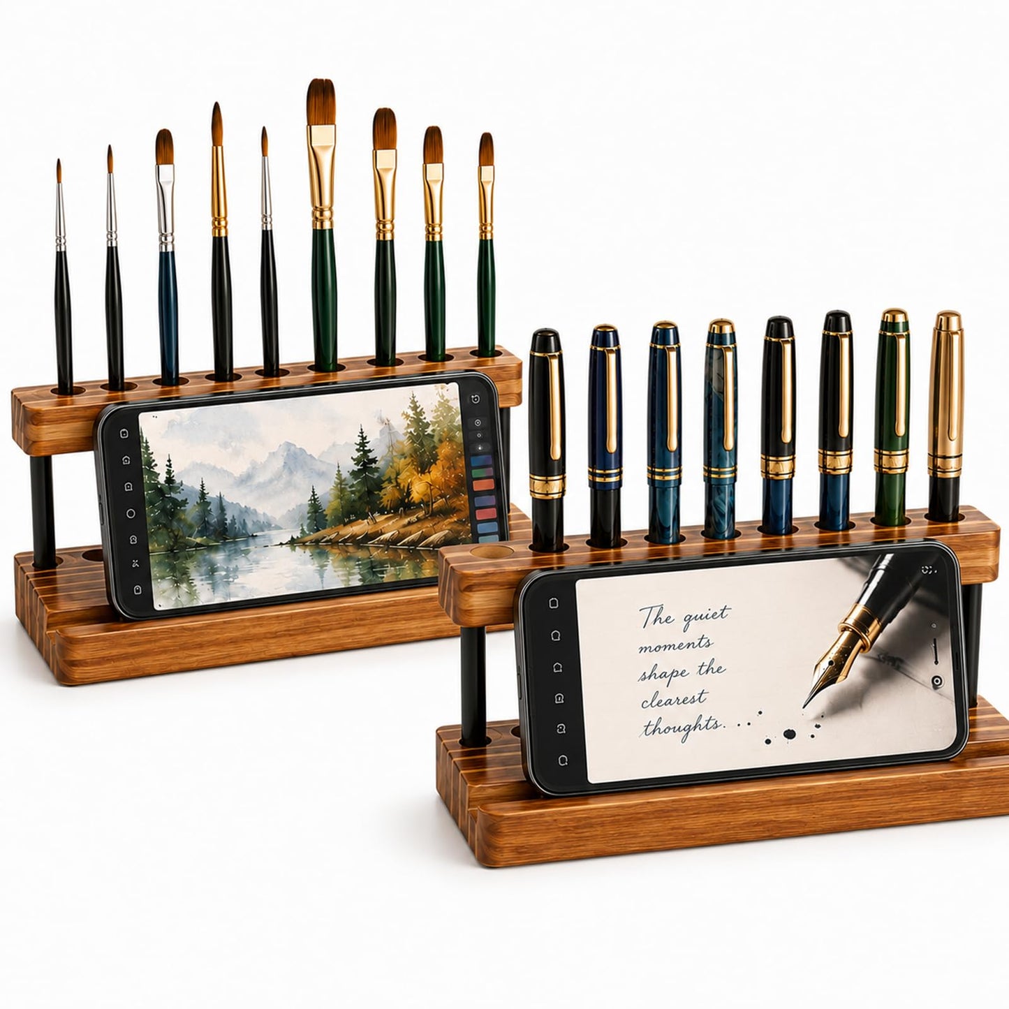 Tenceur 2 Pack Wooden Pen Holder for Desk Pencil Desk Organizer with Phone Stand and 9 Slot Dual Burned Charcoal Finish Display Stand for Fountain Pens Office and Home Stylish Office Table Decor