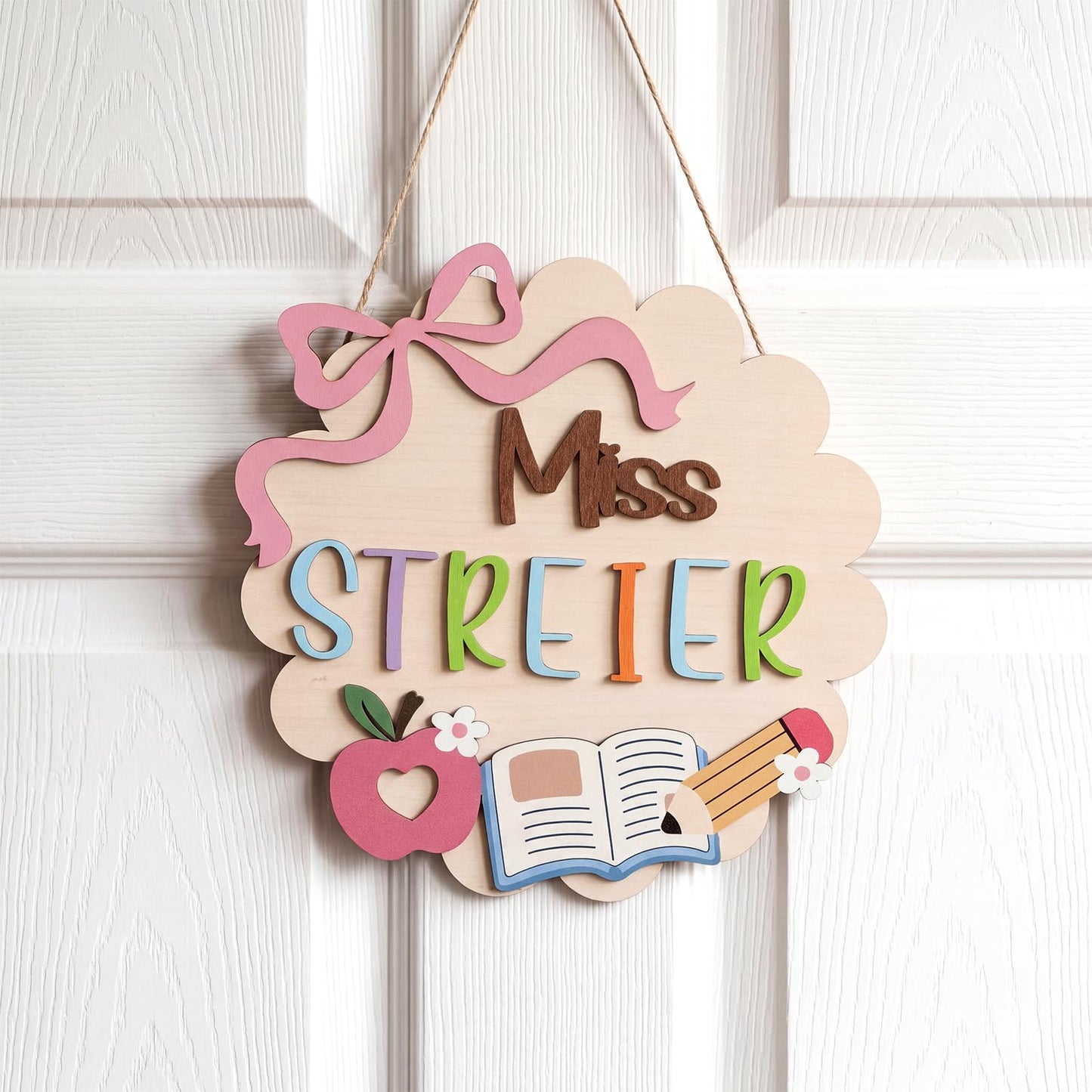 Sliner DIY Teacher Door Sign Classroom Welcome Door Sign DIY Wooden Letter Name Plate with Mr/mrs/miss Personalized Appreciation Teacher Gifts for Back to School Classroom Decor (Bow)
