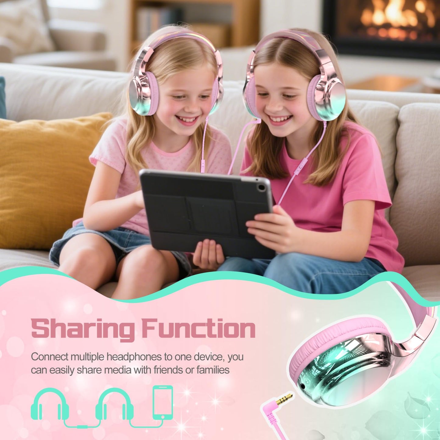 QearFun Kids Headphones Wired with Mic, 85/94dB Safe Volume Limit, Foldable Over Ear, Tangle-Free Cord & Sharing Port, Wired On-Ear Headset for School, Chromebook, Tablet, Travel - Boys & Girls