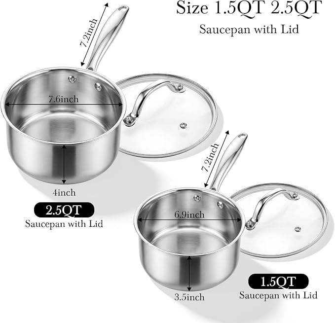 Tri-ply Stainless Steel Pot - 1.5 Qt & 2.5 Qt Heavy Duty Sauce Pan with Lid, Nonstick Stainless Steel Cookware Set Cooking Pot, Multipurpose Saucepan with Stay Cool Handle