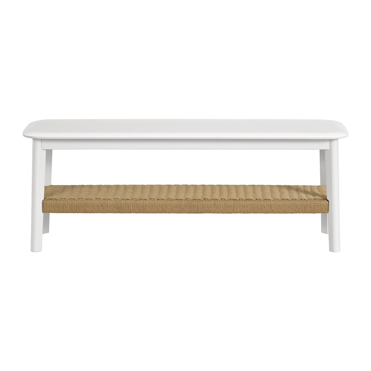 Alaterre Furniture Calais 48 Inch Solid Wood Entryway Bench with Woven Storage Shelf – Mid Century Modern 2-Tier Shoe Bench for Living Room, Hallway or Foyer (White)
