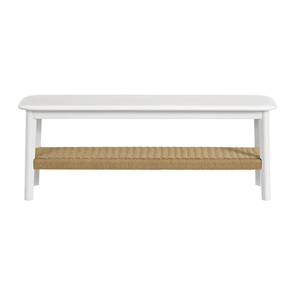 Alaterre Furniture Calais 48 Inch Solid Wood Entryway Bench with Woven Storage Shelf – Mid Century Modern 2-Tier Shoe Bench for Living Room, Hallway or Foyer (White)
