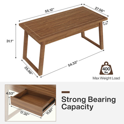 Tribesigns Home Office Executive Desk: 55 Inches Wooden Computer Desk with Drawer, Mid-Century Modern Study Writing Table, Rustic PC Laptop Desk Workstation Furniture, Walnut Brown