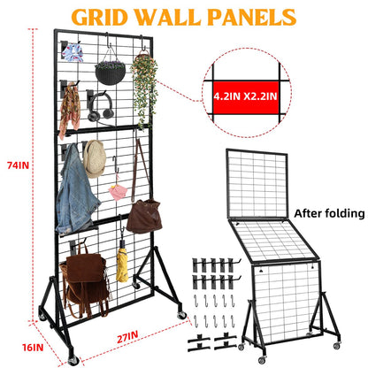 ZERTNROW Heavy Duty Adjustable Grid Wall Panels, Foldable Gridwall Panels with Braked Wheels-Included 24 Hooks，Suitable for Art Fairs Craft Display Retail Storage