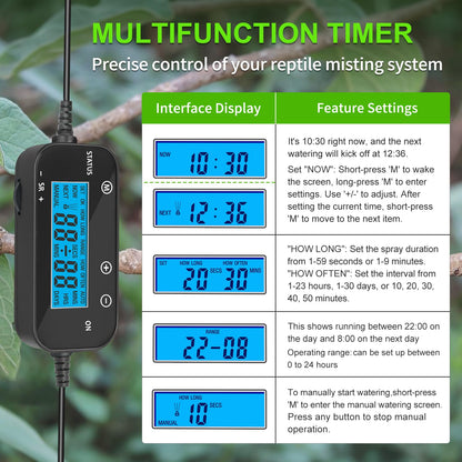 Reptile Misting System with Timer, 6 Adjustable-Joint Nozzles, Self-Priming Pump, Quiet Fine Mist for Chameleons, Geckos, Frogs & Terrariums