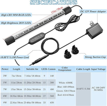 FEDOUR 15in Submersible Aquarium LED Light, 24/7 Mode Aquarium Lights with Full Spectrum RGBW LEDs, IP68 Waterproof Fish Tank Light with Dimming, Timming and Color Adjustable