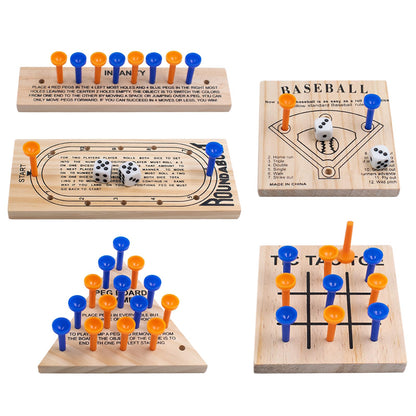 Wooden Peg Games Assortment Kit, 5 PCS Fun Brain Strategy Toy for Teens and Adults, Including Baseball, Tic-Tac-Toe, Insanity, Peg-Board-Game, Roundabout