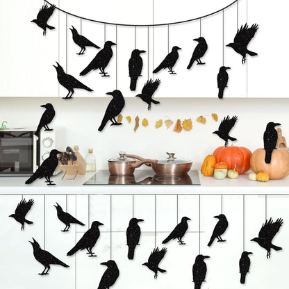 40pcs Glitter Black Crow Halloween Decorations Bird Raven Hanging Banners for Gothic Halloween Garland Backdrop Centerpiece Wall Cutouts for Horror Theme Birthday Wedding Yard Party Supplies