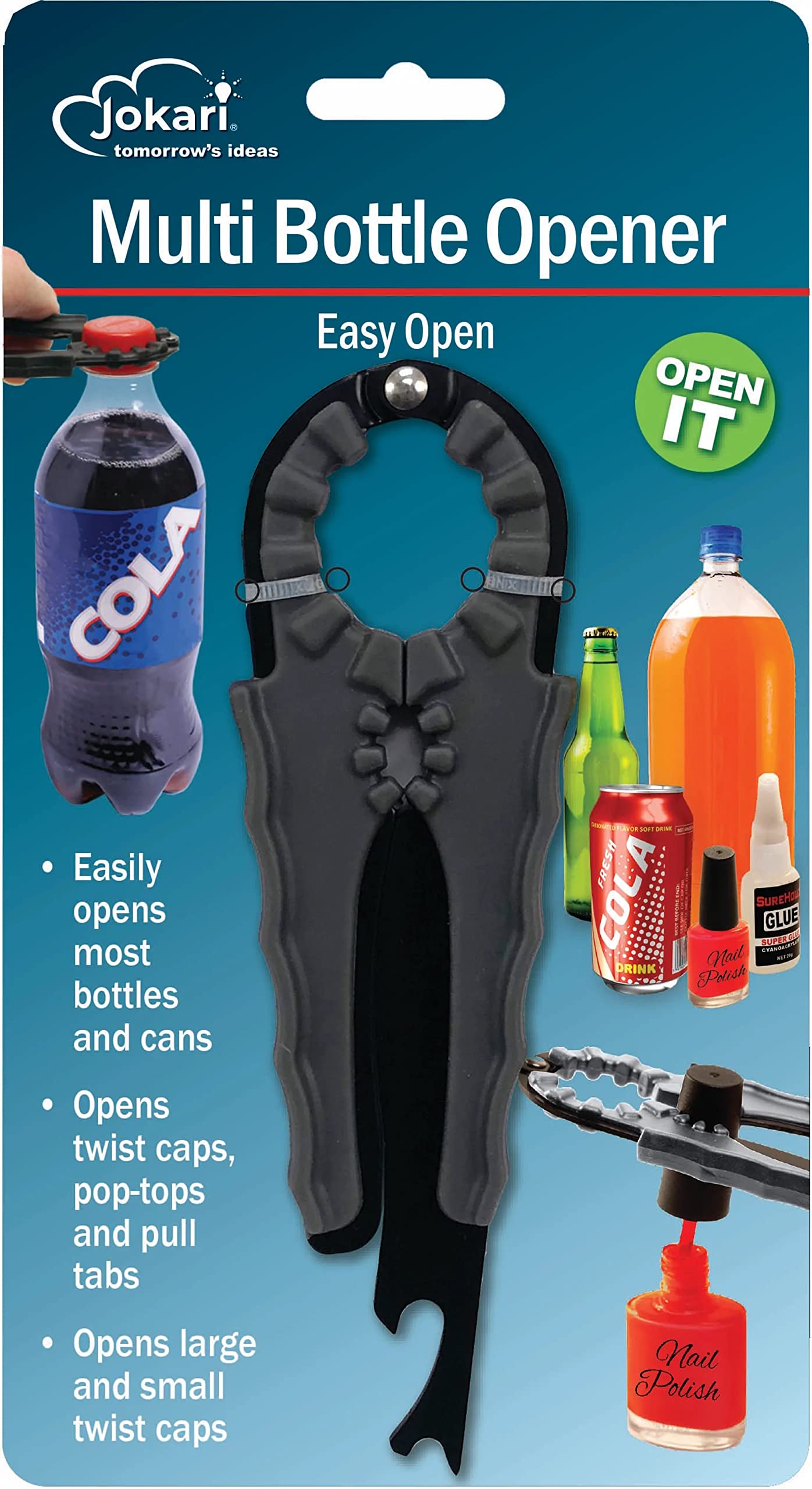 Jokari Multi Bottle Opener for Jars Bottles and Cans 3 in 1 Easy Grip Lid Opener for Weak Hands Twist Caps Pull Tabs Pop Tops and Small Lids Arthritis Aid Manual Kitchen Tool Black