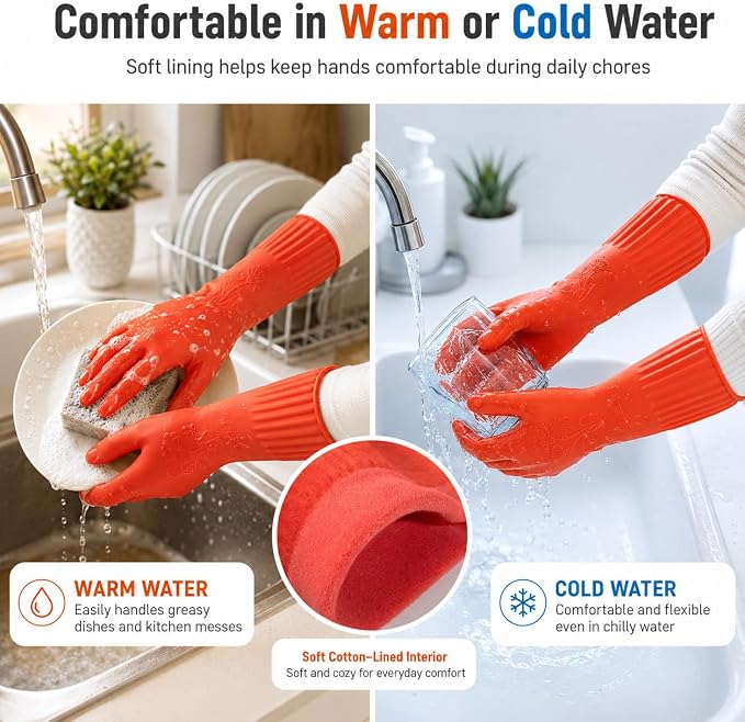ThxToms Dishwashing Gloves, 2 Pairs Fleece Lined Rubber Dish Gloves for Washing Dishes, Waterproof Reusable Kitchen Cleaning, Long Cuff Anti Slip,Large