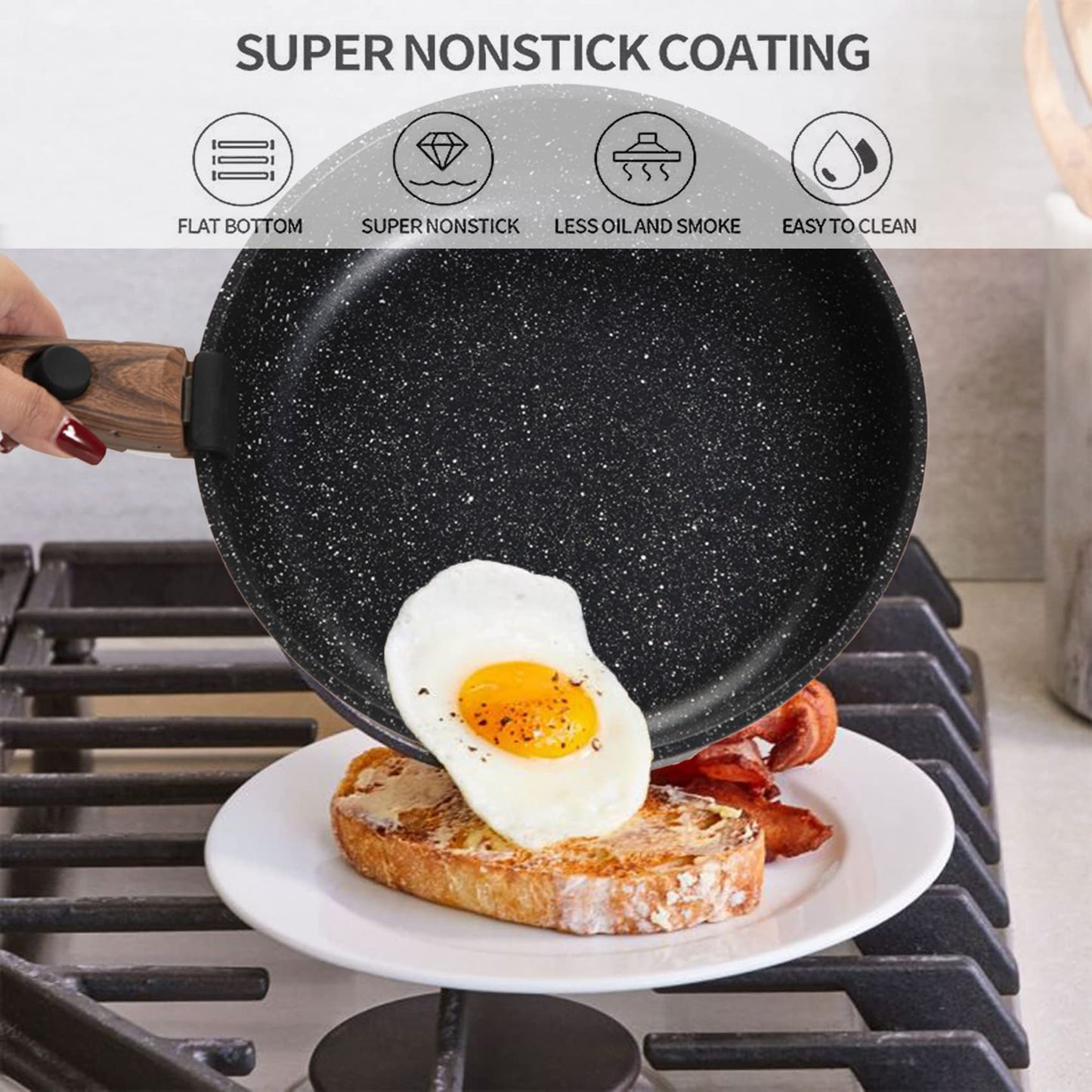 Kitchen Academy Removable Handle Induction Pots and Pans Set - 10 Piece Non-stick Cookware Sets, Black Granite Stackable RV Cookware for Camp