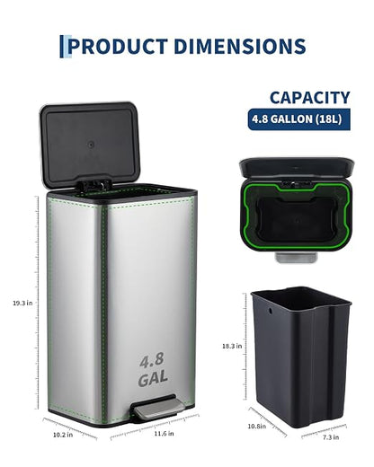 4.8 Gallon/18 Liter Trash Can, Stainless Steel Step Garbage Can with Quiet Soft-Close Lid, Foot Pedal & Removable Inner Bucket, Rectangular Trash Bin for for Small Kitchen Home Garage Office, Silver