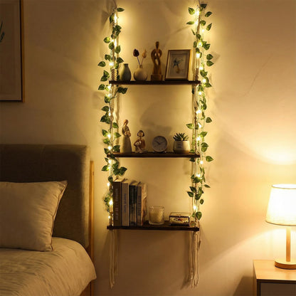 Novabright 3-Tier Boho Wall Hanging Shelves with LED Lights and Green Leaves, Irregular Edge, Floating Wall Shelf for Bedroom Art, Wooden Hanging Floating Storage Shelves Room Decor