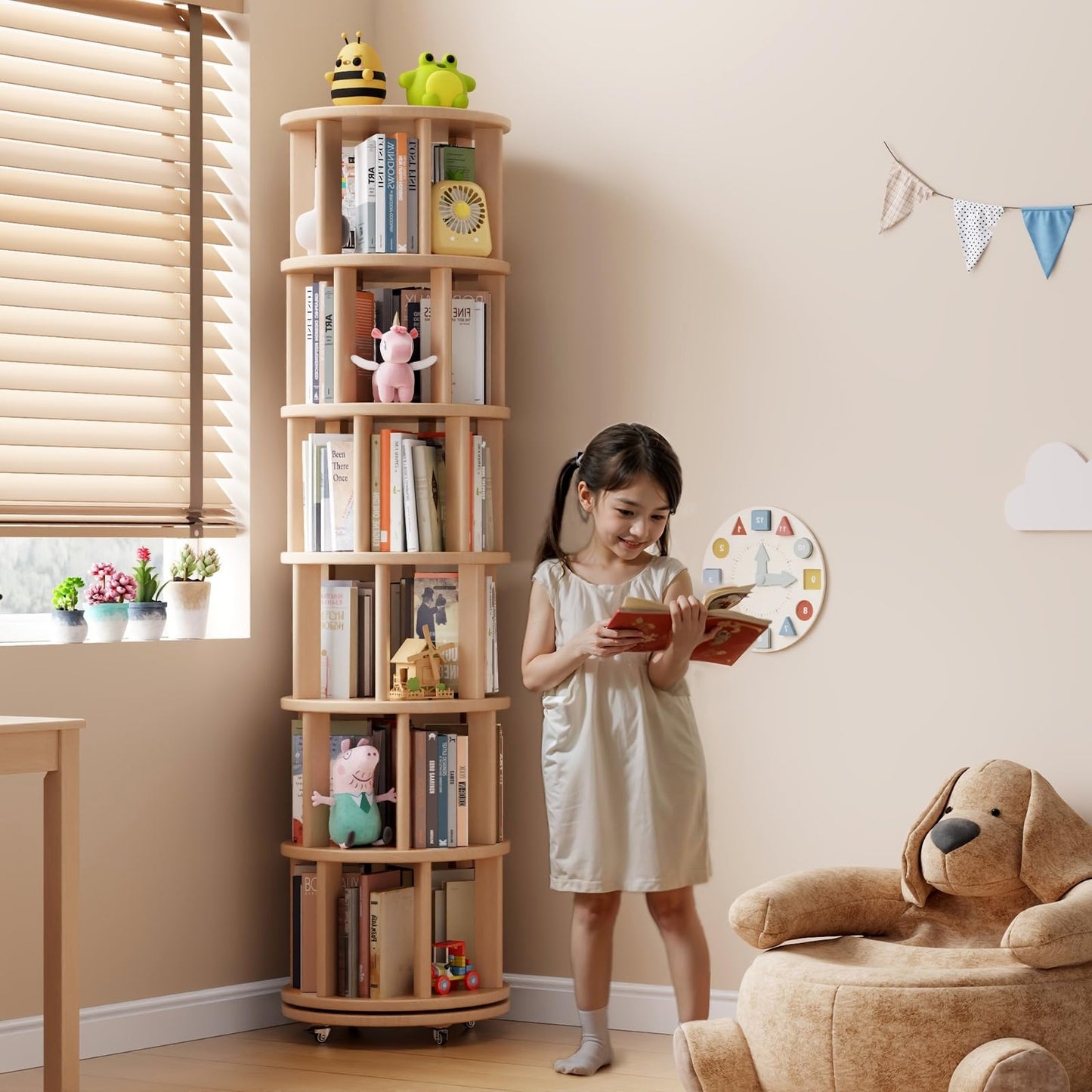 Muwuele Solid Wood Rotating Bookshelf on Wheels, 6 Tier, Round Revolving Bookcase, 360° Spinning Book Shelf Tower for Kids, Narrow Rolling Bookshelves for Small Space, Corner, Bedroom, Office, Natural