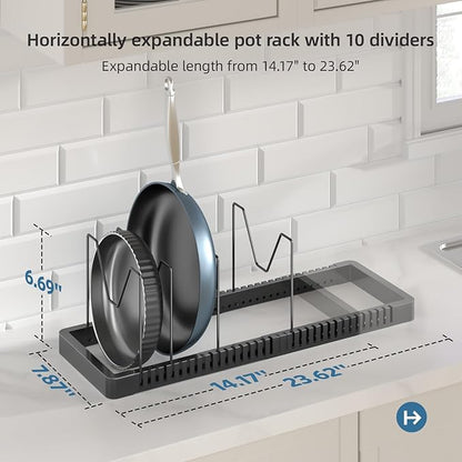 PanPanPal Pots and Pans Organizer under Cabinet, Expandable Pot Lid Organizer Holder with 10 Adjustable Compartment, Pan Organizers inside Cabinet for Lids, Bakeware, Kitchen Storage Pot Rack, Black