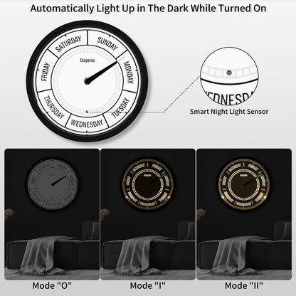 Couperos Day of The Week Wall Clock with Night Light - 12" Analog Silent Non-Ticking Clock with LED Night Light, Calendar Day Clock Perfect for Home, Office, and Retirement Gifts