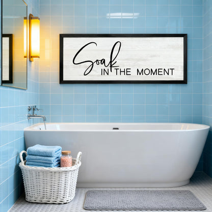 Soak in the Moment Wooden Sign Framed Wall Art, 32''×12'' Rustic Horizontal Motivational Bathroom Quote Wood Plaque above the Bathtub, Farmhouse Long Inspirational Shower Room Saying Wood Sign Wall Decor