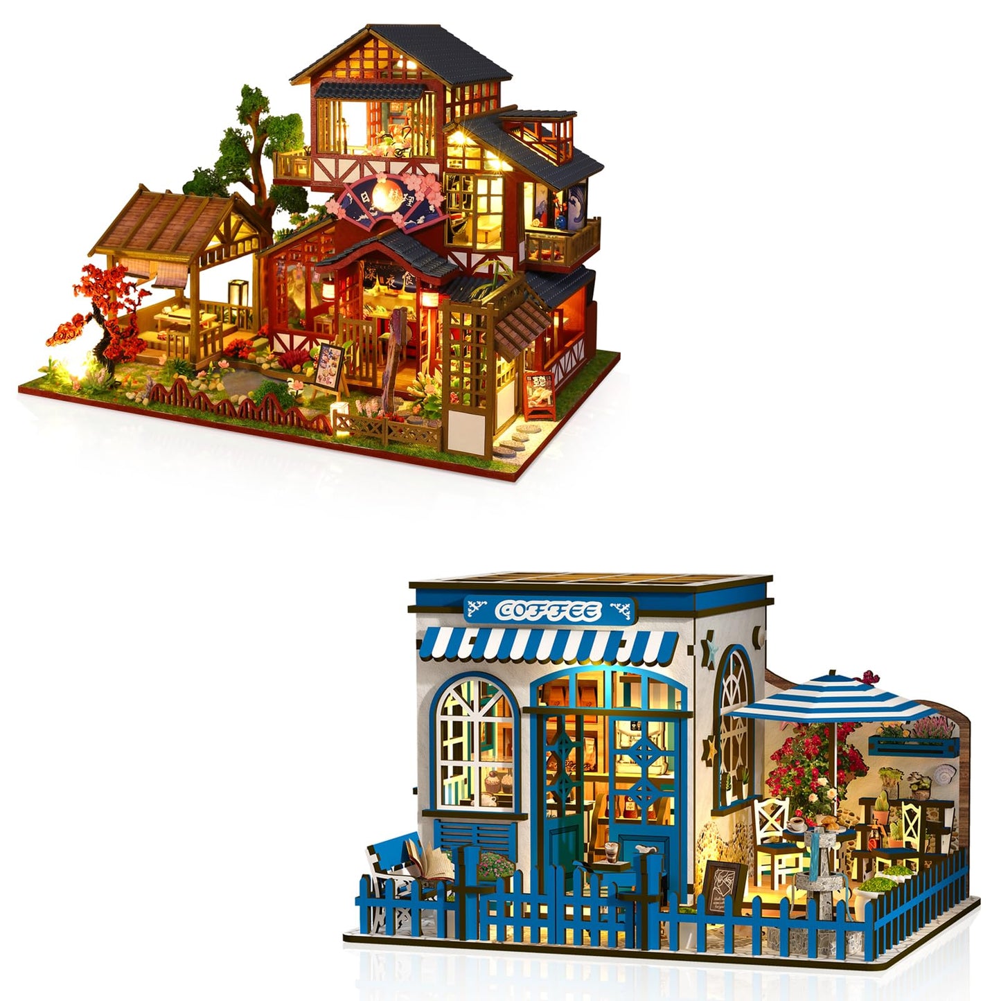 Hallisun DIY Miniature House Building Kits, Japanese Restaurant and Coffee Shop 3D Wooden Dollhouse Toys, Birthday Christmas Festival Gift for Teens Adults