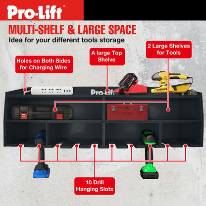 Pro Lift Cordless Drill Organizer – wall mount power tool storage rack, 10 hanging slots, wooden M-005W1
