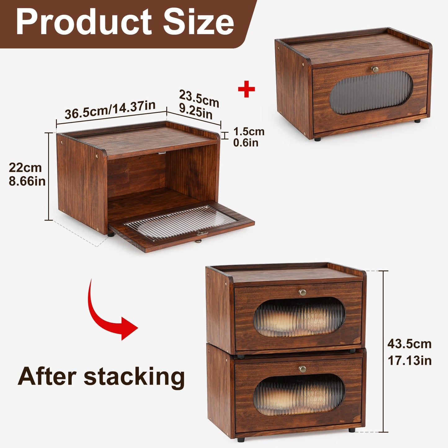 Sunhoo Bread Box for Kitchen Countertop Storage Wooden Breadbox Holder Container Morden Rustic Fresh Bread Keeper Farmhouse Stackable Organizer Bin for Homemade Food Shelf Acrylic Window (Brown)