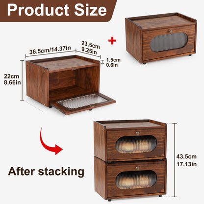Sunhoo Double Layer Bread Box (L14.4in*W9.4in*H13.4in/Brown) and Single Wooden Bread Storage(L14.37in*W9.25in*H8.66in/Brown) Rustic Bread Keeper Farmhouse Food Organizer Pantry Shelf Acrylic Window