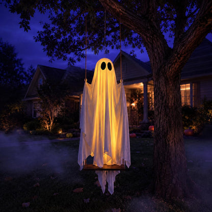 Halloween Decorations Outdoor - 5FT Large Hanging Swing Ghost with Remote Control String Lights & Upgraded Sheet, Scary Ghost Halloween Party Decor Outside for Tree Porch Yard Garden Lawn