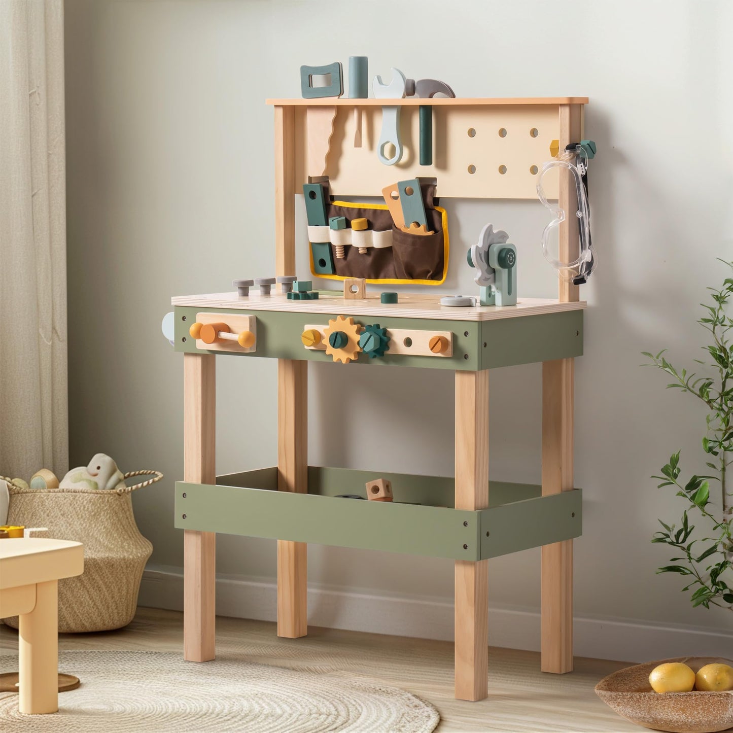 ROBOTIME Wooden Kids Tool Bench, Toddler Tool Bench - Toy Play Workbench Workshop with Tool Belt, Play Tools Set, Drawing Paper for Construction Play, Perfect for Kids Ages 3-5