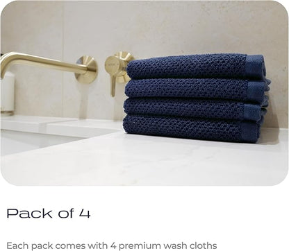 Luxury Silver-Infused Navy Blue Washcloths 4-Pack Set, 12.9"x12.9"