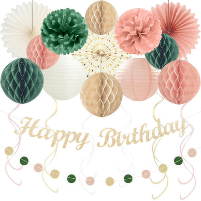 24Pcs Boho Style All-In-One Party Decorations Kit, Happy Birthday Banner with Honeycomb Balls, Paper Flowers, Lanterns, Hanging Swirls, Garland for Women, Girls Celebrations (Pink Sage Green)