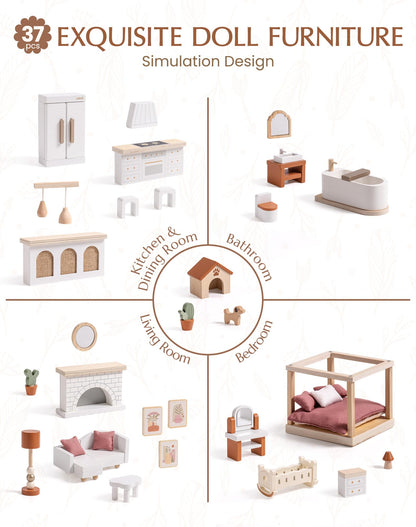 ROBUD Doll House - Wooden Bohemian Dollhouse with Realistic Design, Includes 37 Pieces of Furniture & Accessories for Kids Ages 3+