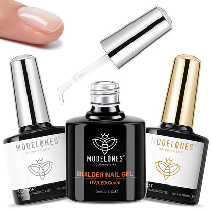 modelones Builder Nail Gel with Gel Top Coat, 3Pcs Clear Builder Nail Kit for Thickening Apex Building Extension Rhinestone Gel Tips Glue, U/V LED Lamp Cured for Home DIY Salon Girls