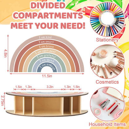 Poola Voidra Back to School Boho Rainbow Pen Holder, 11.5" x 4.8" Desk Wooden Inspirational Positive Affirmations for Office Supplies Classroom Art Supply Makeup Brush Storage for Kids Present
