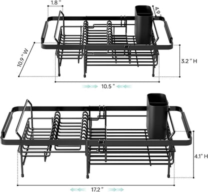 Urackify Dish Drying Rack in Sink - Stainless Steel Expandable (14.5''-18''L) Over The Sink Dish Rack with Utensil Holder, Space-Saving Dish Drainer for Kitchen Counter, 1 Piece, Matte Black