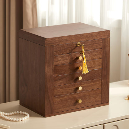 CHOSIN Black Walnut Wooden Jewelry Box, 6-Layer Lockable Wood Jewelry Organizer with Mirror, Side Doors & Brass Handle, Classical Design for Rings, Necklaces, Earrings, Fathers Day Gift