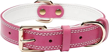 Genuine Leather Dog Collar, Heavy Duty Wide Dog Collar for Small, Medium, Large and Extra Large Dog (XL: 1.4" Wide for 18.6"-25.8" Neck, Dual Stitch - Pink)