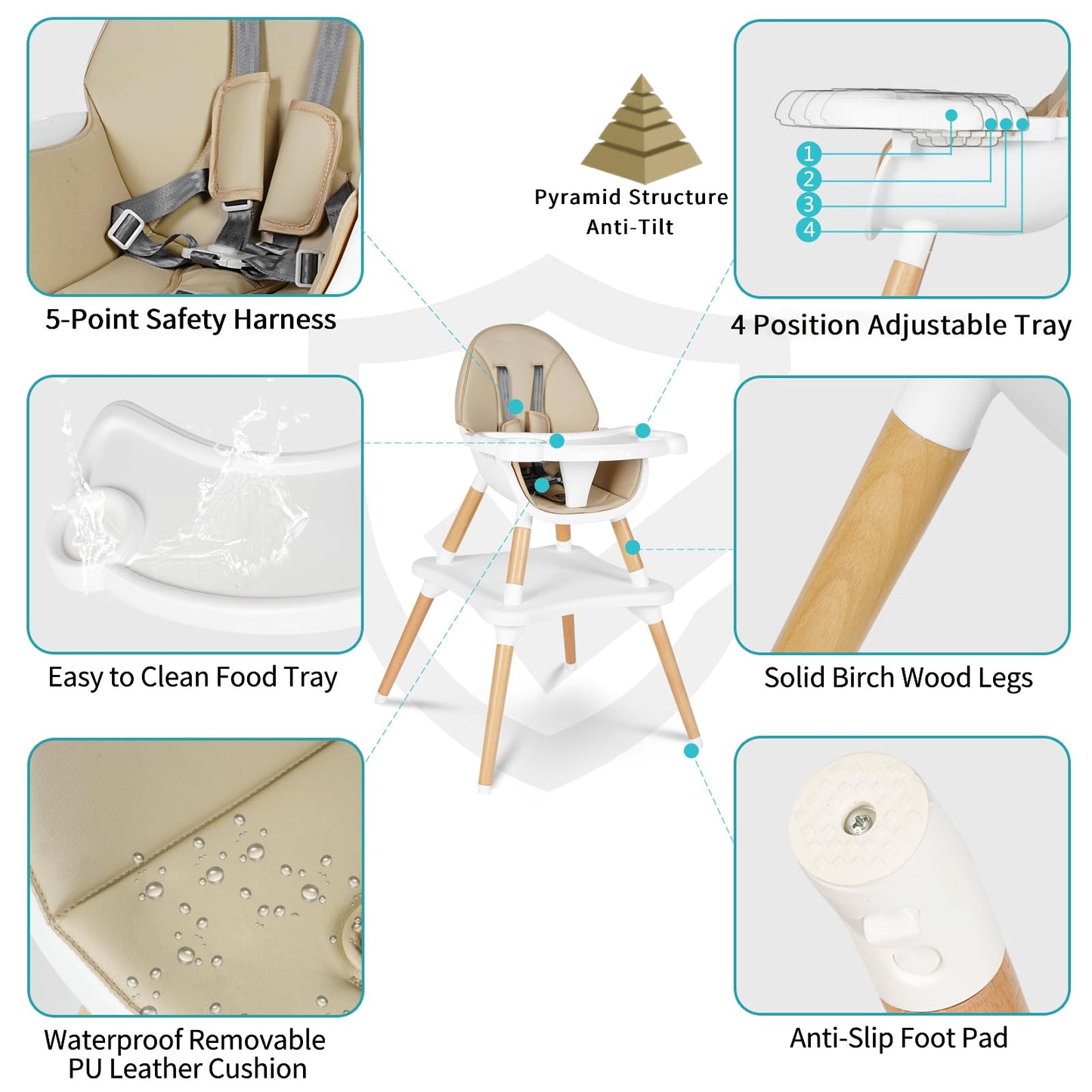 6 in 1 High Chair for Babies & Toddlers, Convertible Wooden Baby Highchair, Table and Chair Set, Baby Feeding Chair, 5-Point Adjustable Harness/4-Position Removable Tray& PU Seat Cushion(Beige)