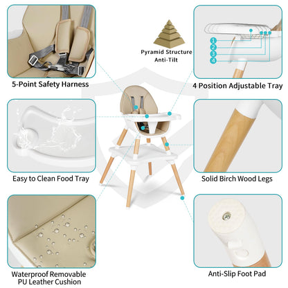 6 in 1 High Chair for Babies & Toddlers, Convertible Wooden Baby Highchair, Table and Chair Set, Baby Feeding Chair, 5-Point Adjustable Harness/4-Position Removable Tray& PU Seat Cushion(Beige)
